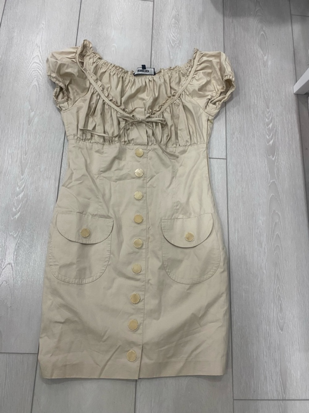 Neutral Beige Button-Front Mini Dress with Puff Sleeves